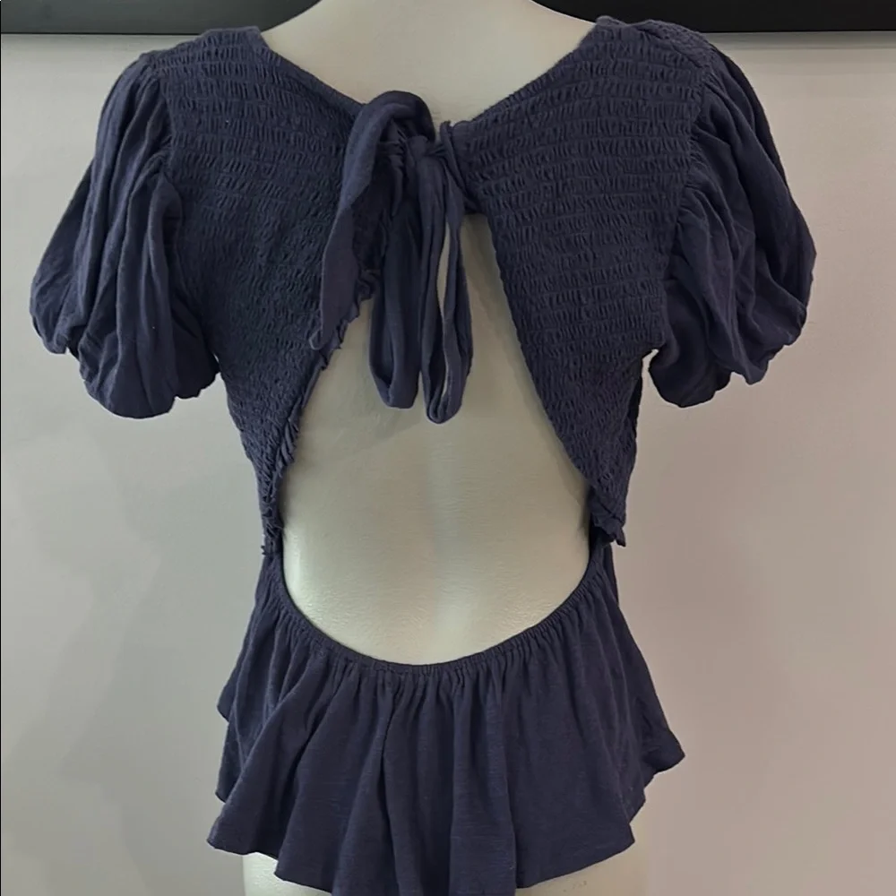 FREE PEOPLE Charolette Top – Navy Blue Smocked Puff Sleeve Blouse | Size L